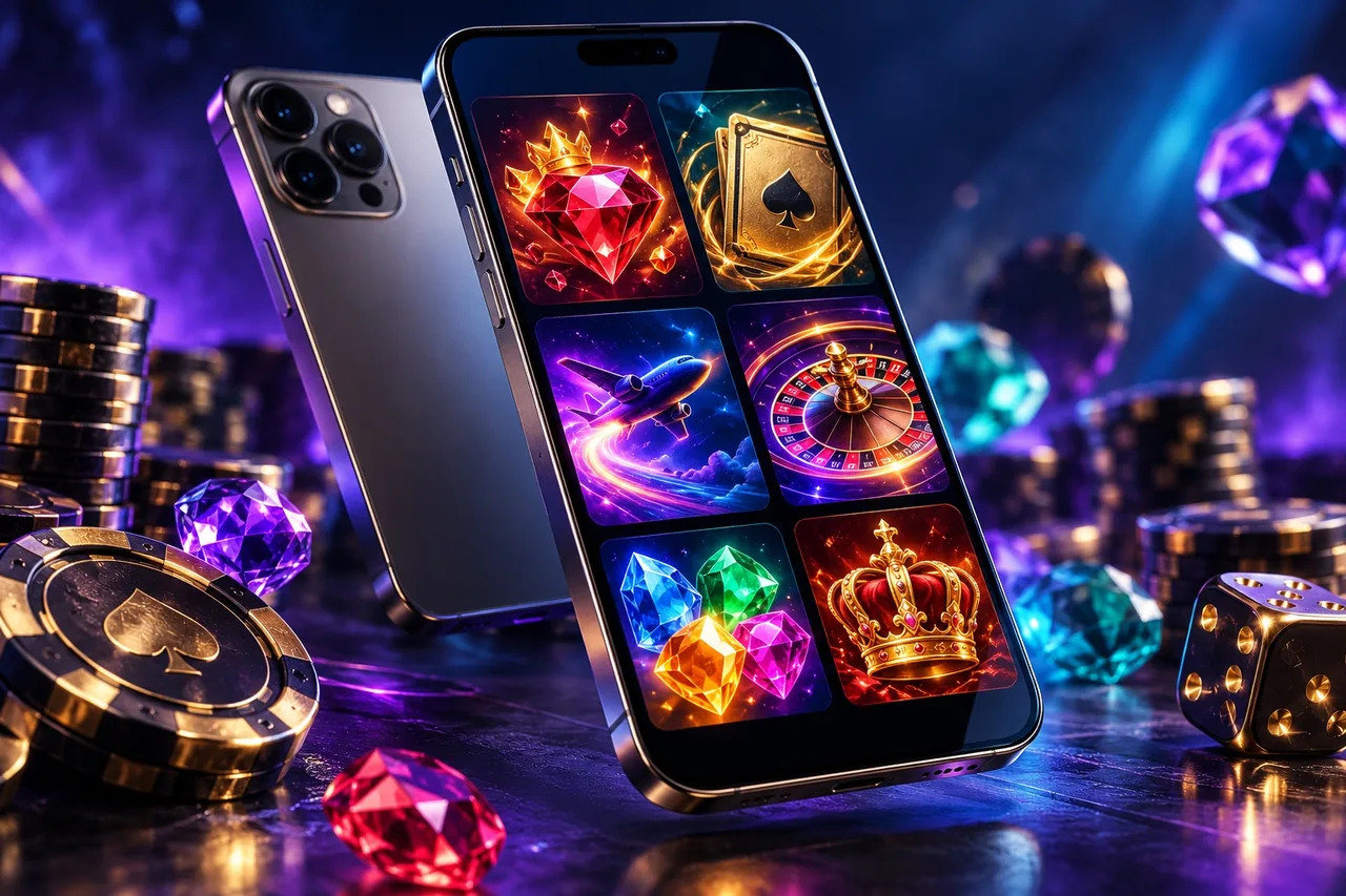Smartphone com grade abstrata de jogos em ambiente violeta iluminado