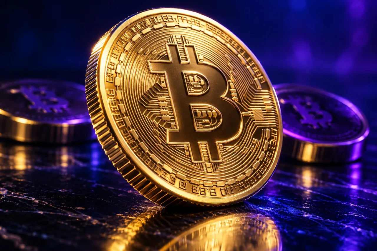 Moeda Bitcoin dourada em macro com reflexos violetas e detalhes gravados