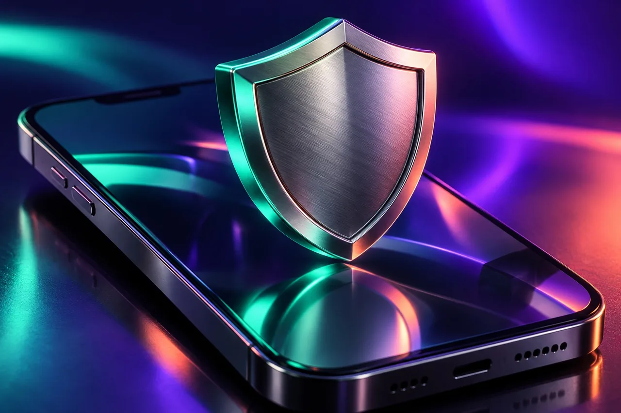 Escudo metálico sobre smartphone com iluminação violeta e verde