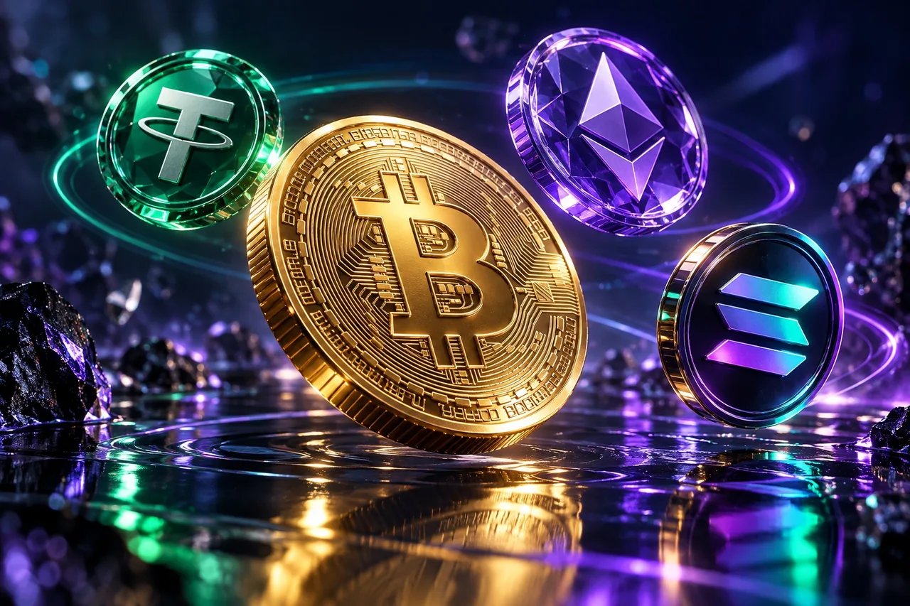 Composição editorial de moedas Bitcoin, Ethereum e USDT em metal e vidro iluminados
