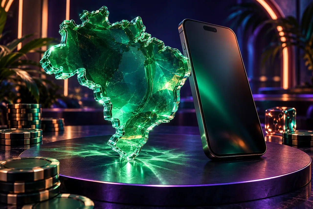 Mapa escultural do Brasil em vidro verde ao lado de smartphone