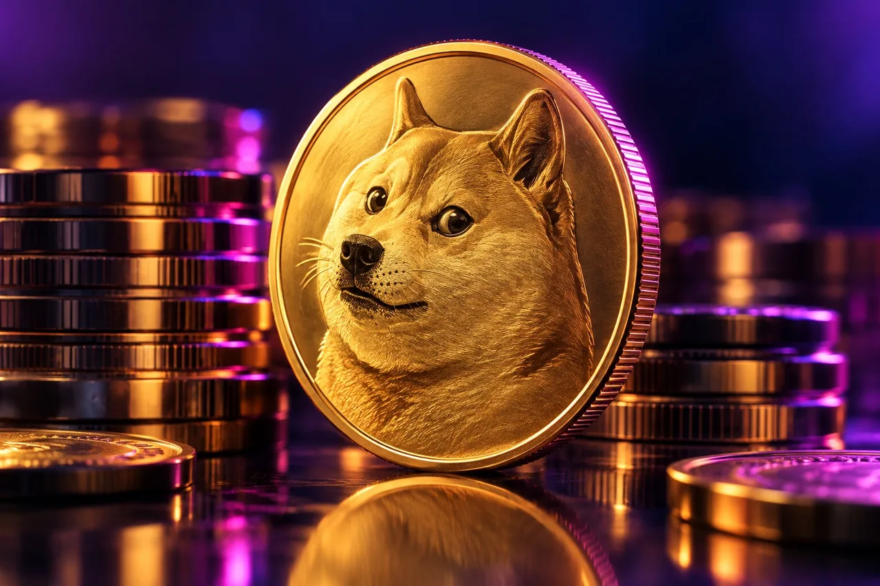 Moeda Dogecoin dourada com relevo metálico e iluminação âmbar