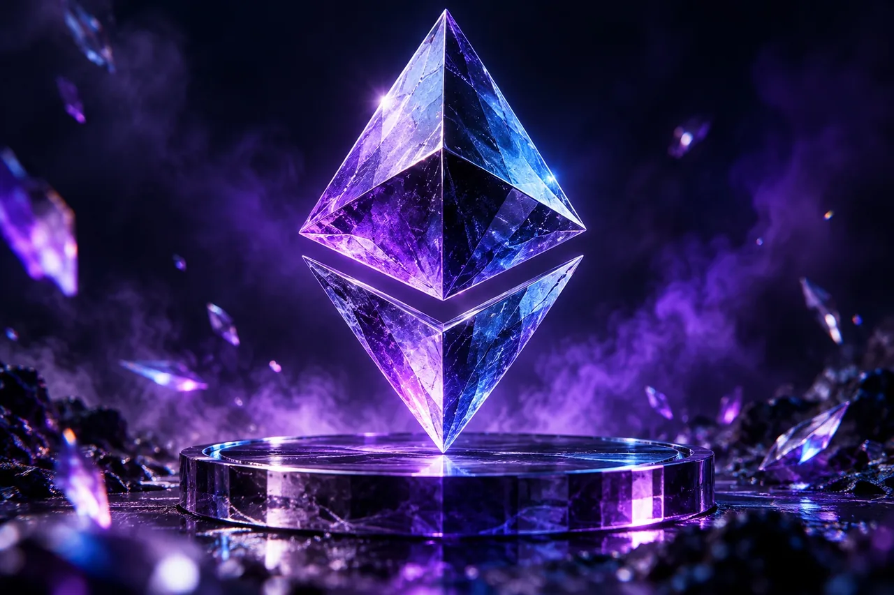 Cristal Ethereum facetado suspenso sobre base de vidro com luz violeta