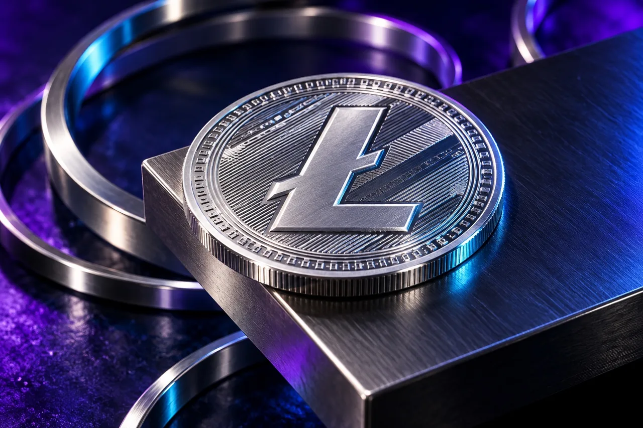 Moeda Litecoin em prata escovada sob iluminação azul e violeta
