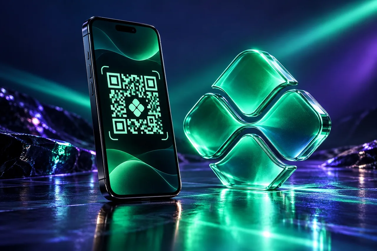 Smartphone com código QR ilustrativo e símbolo Pix em vidro verde
