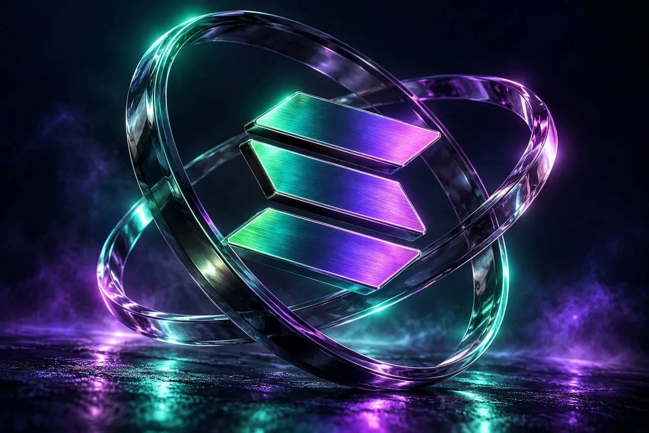 Símbolo Solana iridescente suspenso entre anéis de vidro violeta