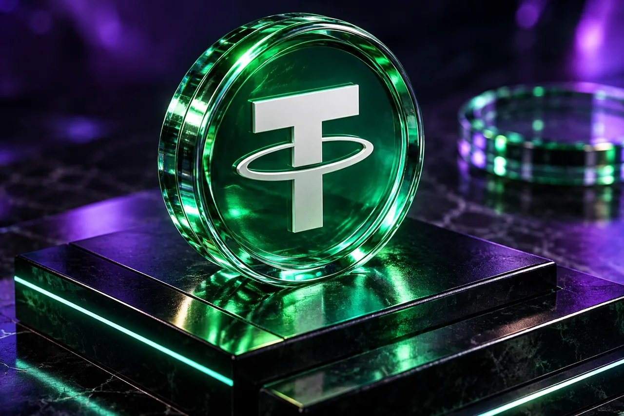 Token USDT de vidro verde sobre plataforma preta com reflexos luminosos