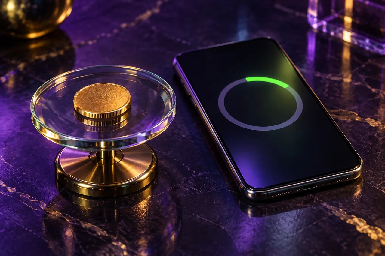 Uma moeda sobre plataforma de vidro junto a smartphone com controle de orçamento