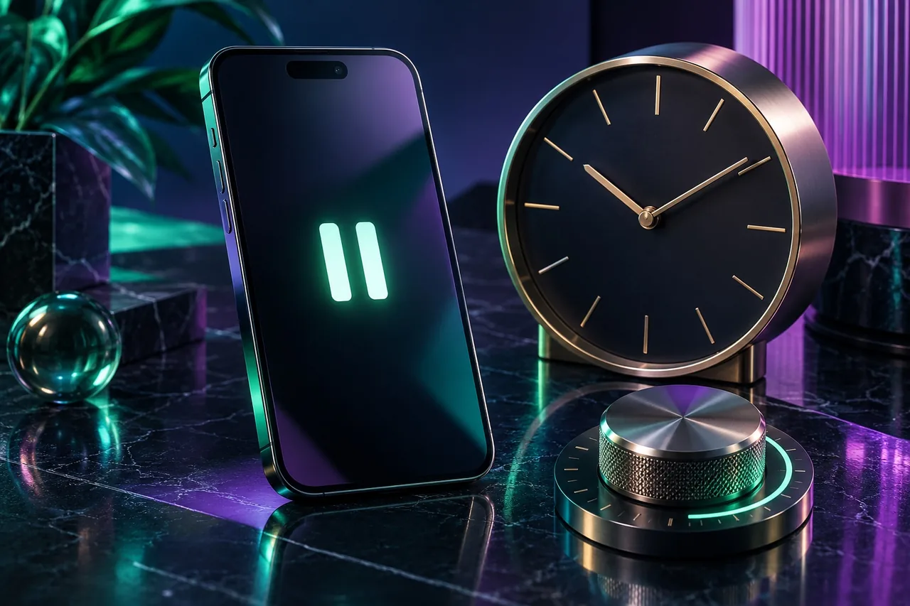 Smartphone com controle de pausa ao lado de relógio e seletor de limites