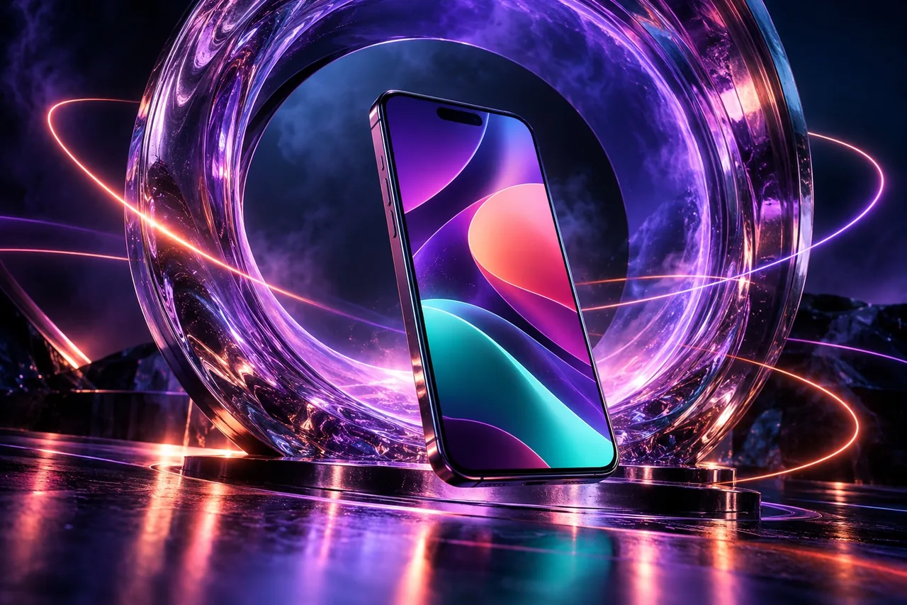 Smartphone diante de um portal digital luminoso