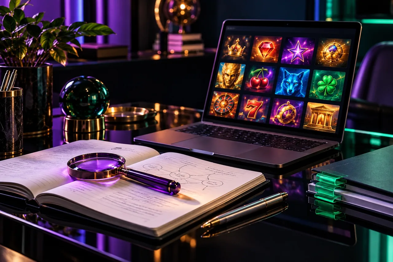 Mesa editorial contemporânea com notebook, caderno e lupa iluminados em violeta e verde