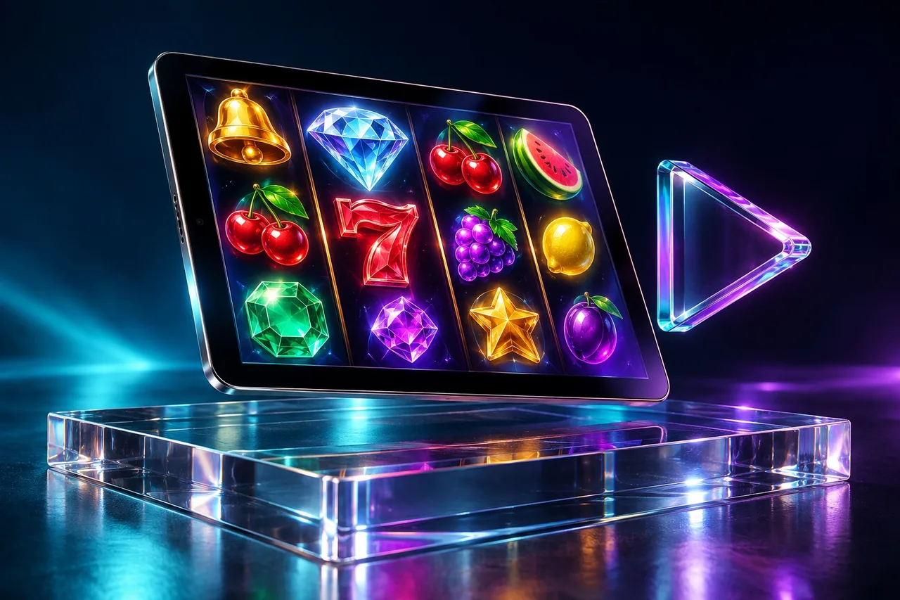 Tablet com símbolos de slot e controle de demonstração
